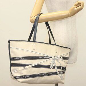 Salvatore Ferragamo Vala Vala Tote Bag Canvas Beige Navy Silver Auth
